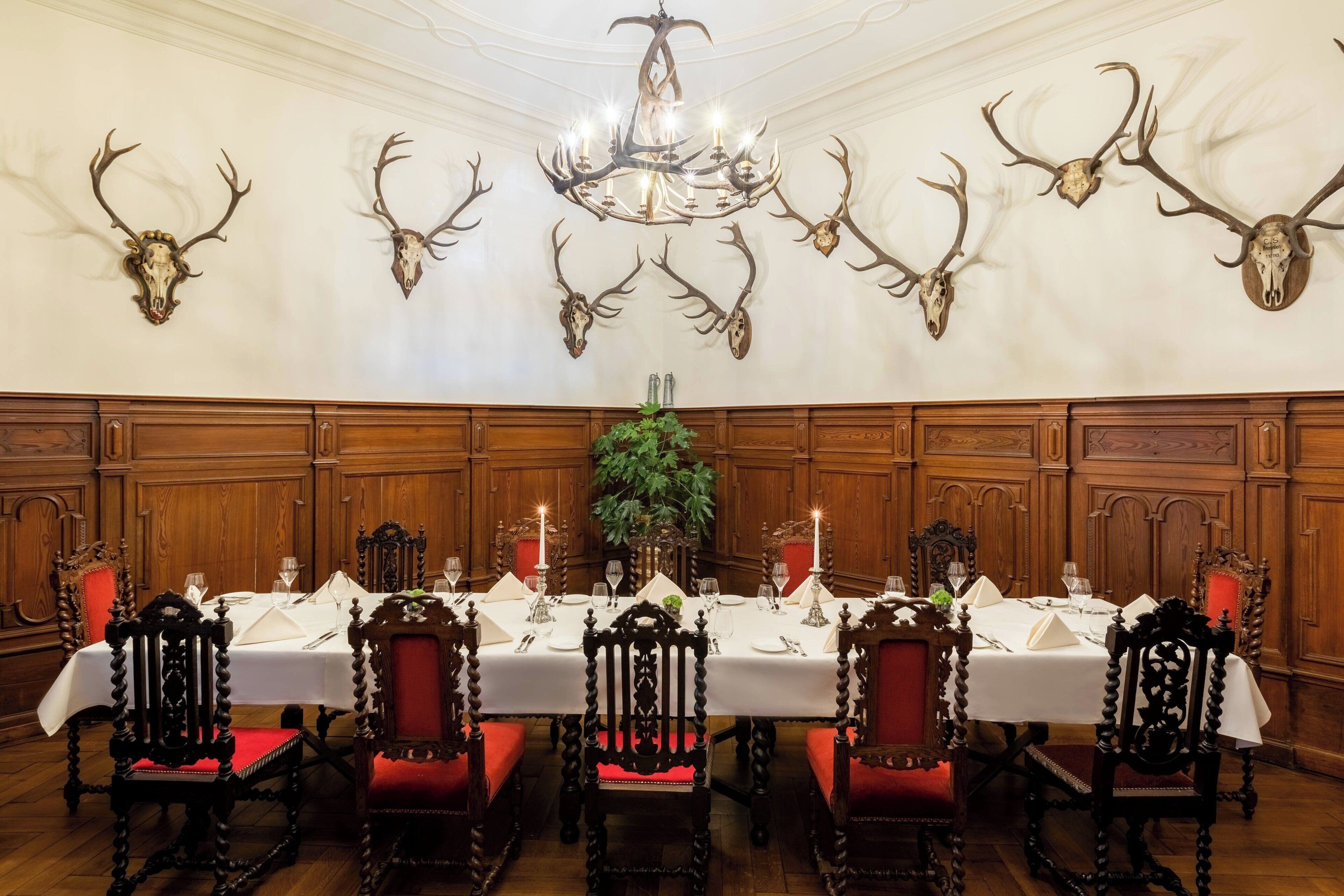 Uma sala de jantar formal com uma longa mesa posta para refeição, cercada por cadeiras ricamente decoradas, e adornada com arte de parede em chifres e um candelabro.