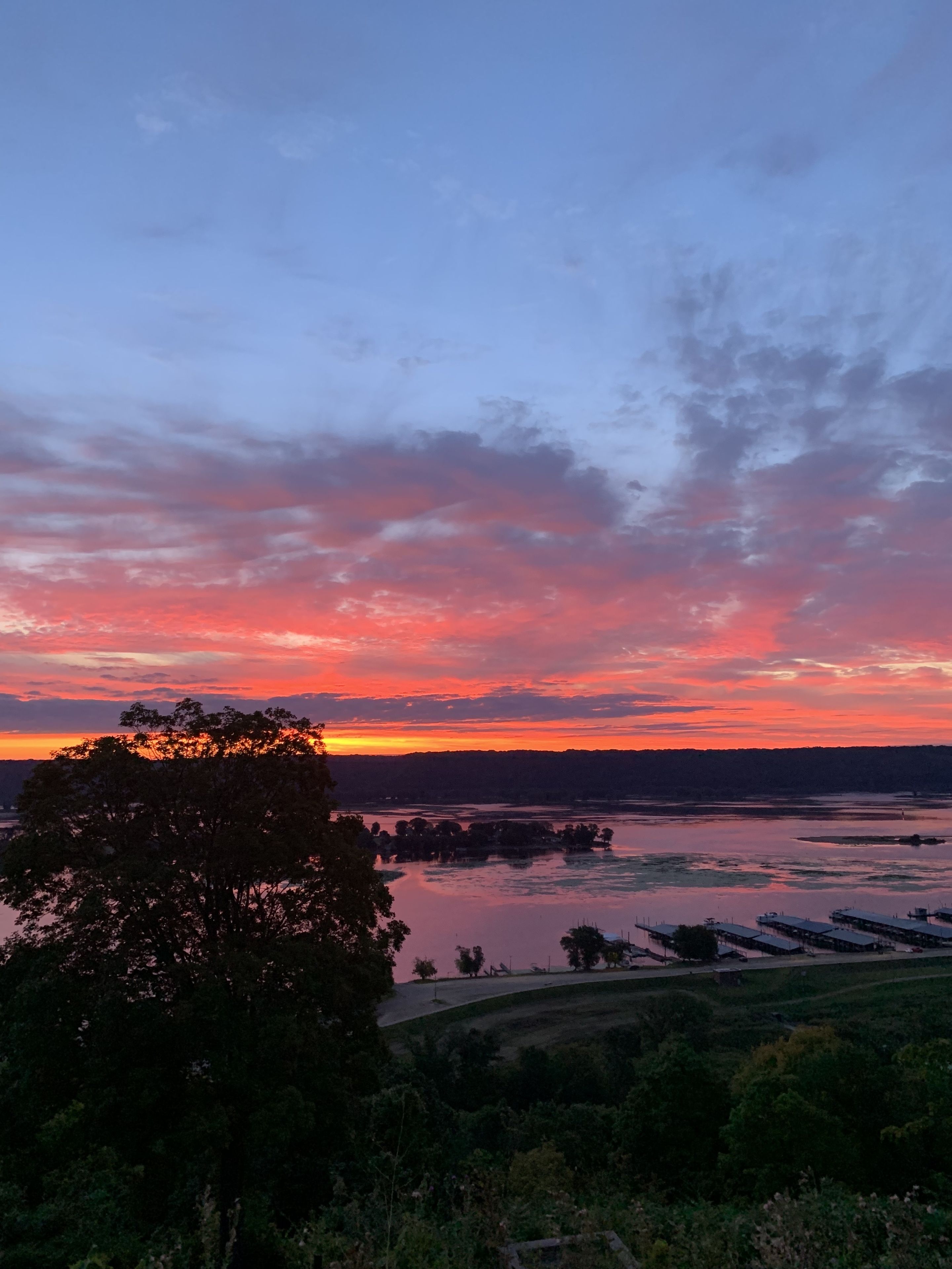 Eine Landschaft mit Sonnenuntergang über einem Gewässer, Bäumen und einer fernen Küstenlinie.