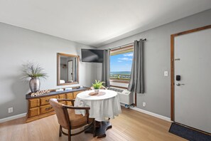 A hotel room with a round table, a chair, a potted plant, a mirror, a TV, a window with curtains, and a door. - Eagle View Motel & Retreat (Guttenberg)
