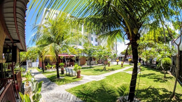 Un patio con un sendero, palmeras y un edificio de techo rojo.