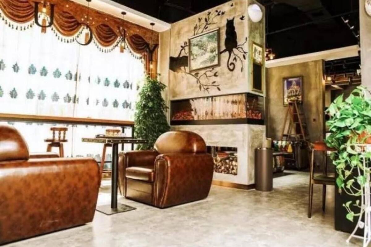A cozy interior with leather sofas, a fireplace, and artwork on the walls.