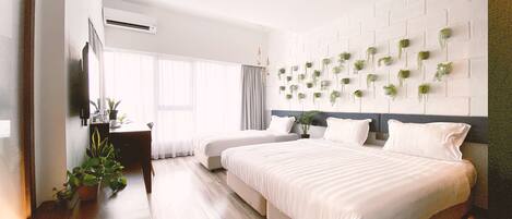 Individually decorated, individually furnished, desk, laptop workspace