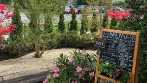 A restaurant with a menu board, surrounded by trees and flowers, with a parking lot in the background.