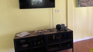 Un salon avec un téléviseur à écran plat fixé au mur, un meuble de rangement en bois contenant des appareils électroniques et un tableau accroché au mur.