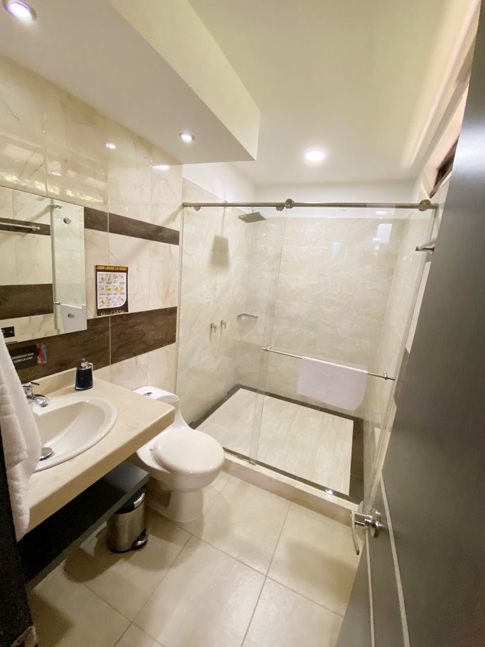 A modern bathroom with a glass-enclosed shower, a sink, and a toilet.