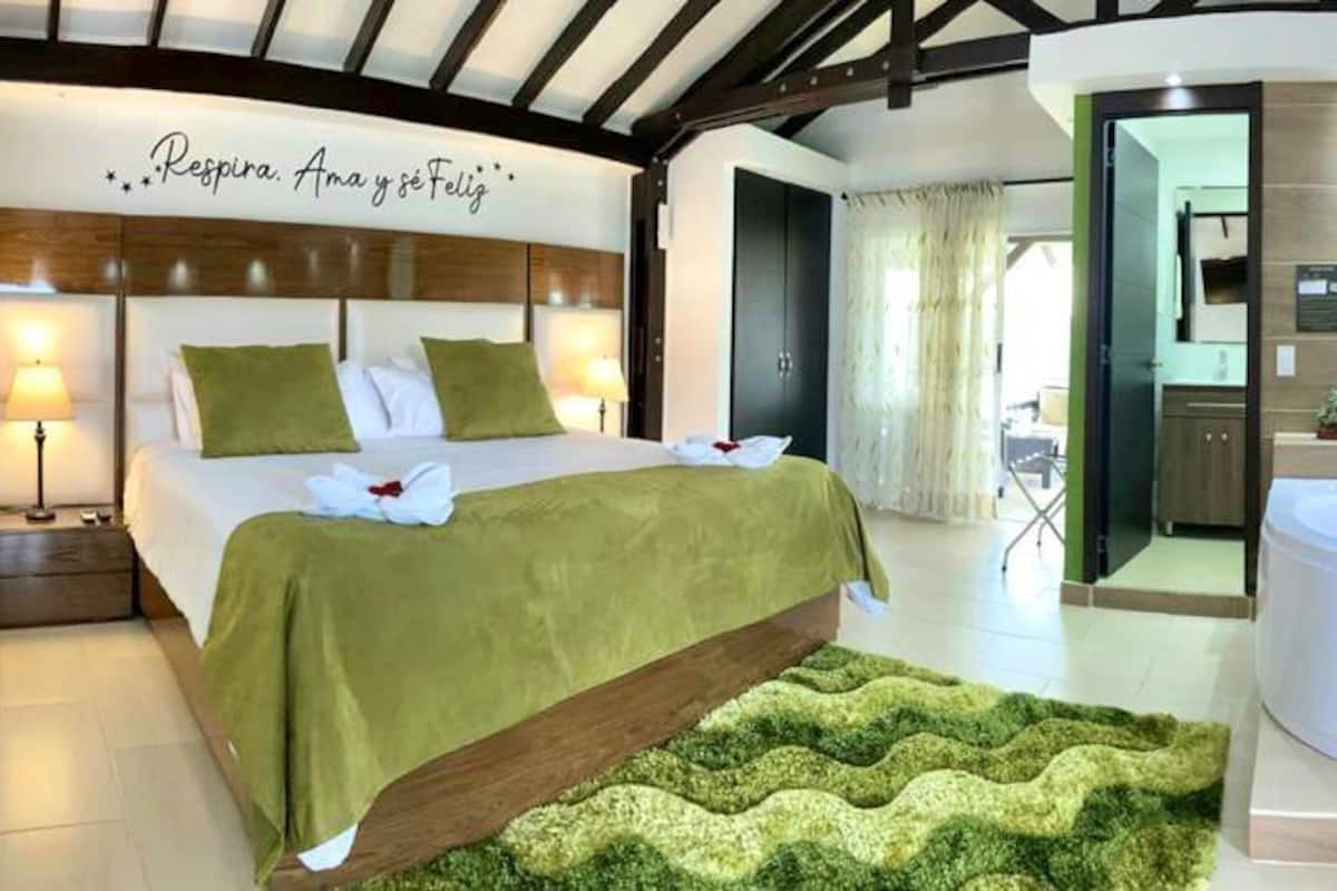 A bedroom with a bed, bedside table, and a green area rug.