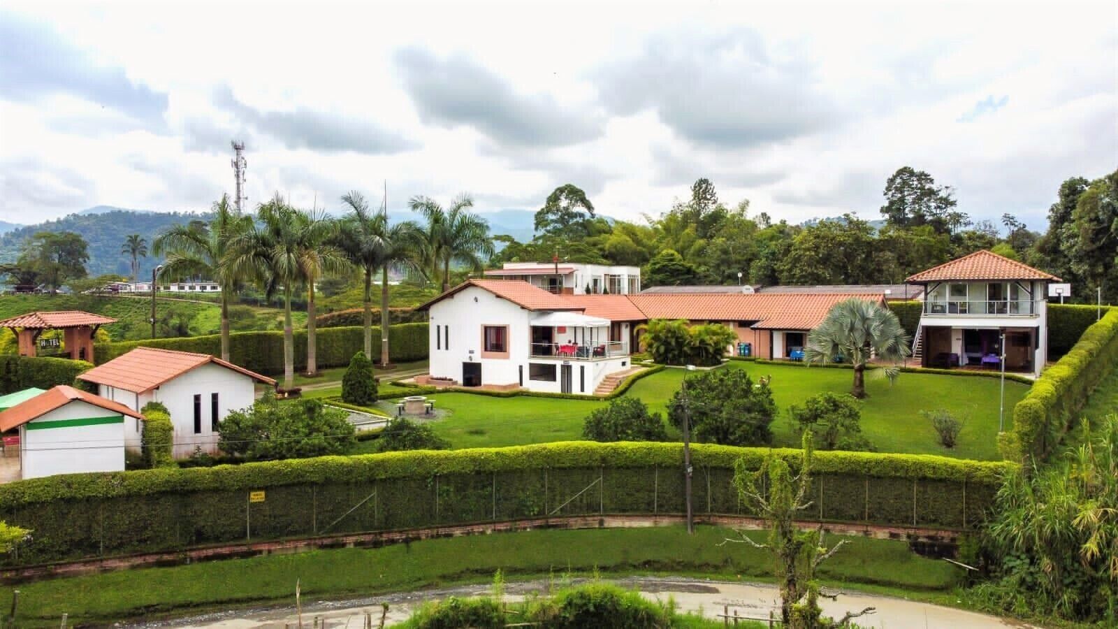 A residential area with houses, a well-maintained lawn, and a small pond.