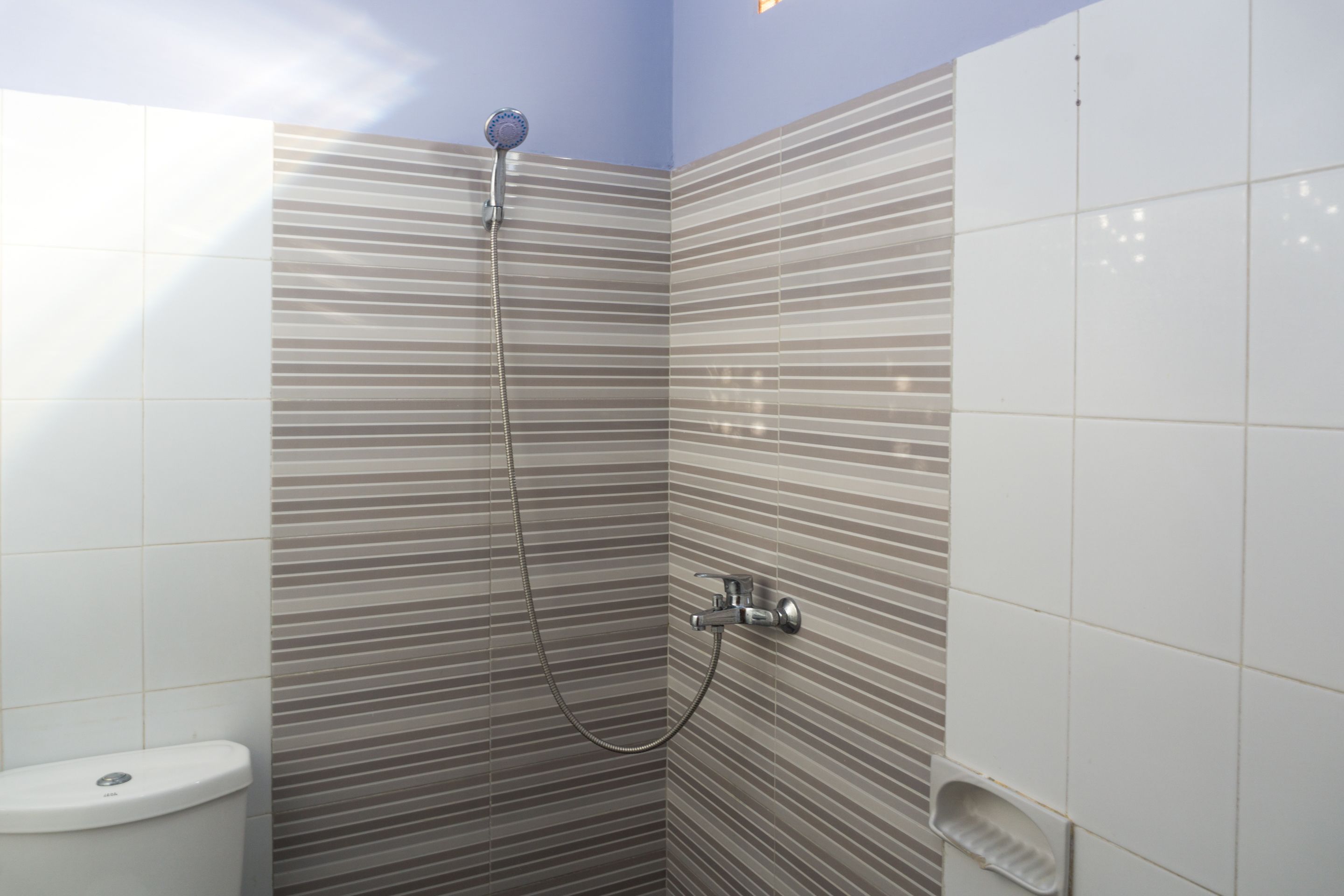 A bathroom with a shower, toilet, and a bidet.