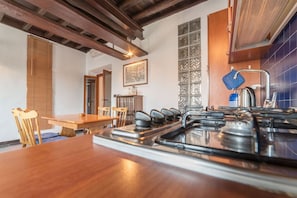 Fridge, oven, electric kettle, toaster