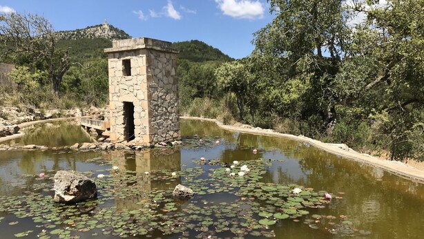 A stone structure with a small opening, surrounded by a pond with lily pads and a wooden bridge.