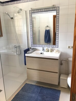 Secador de cabelo, toalhas de banho, papel higiênico 