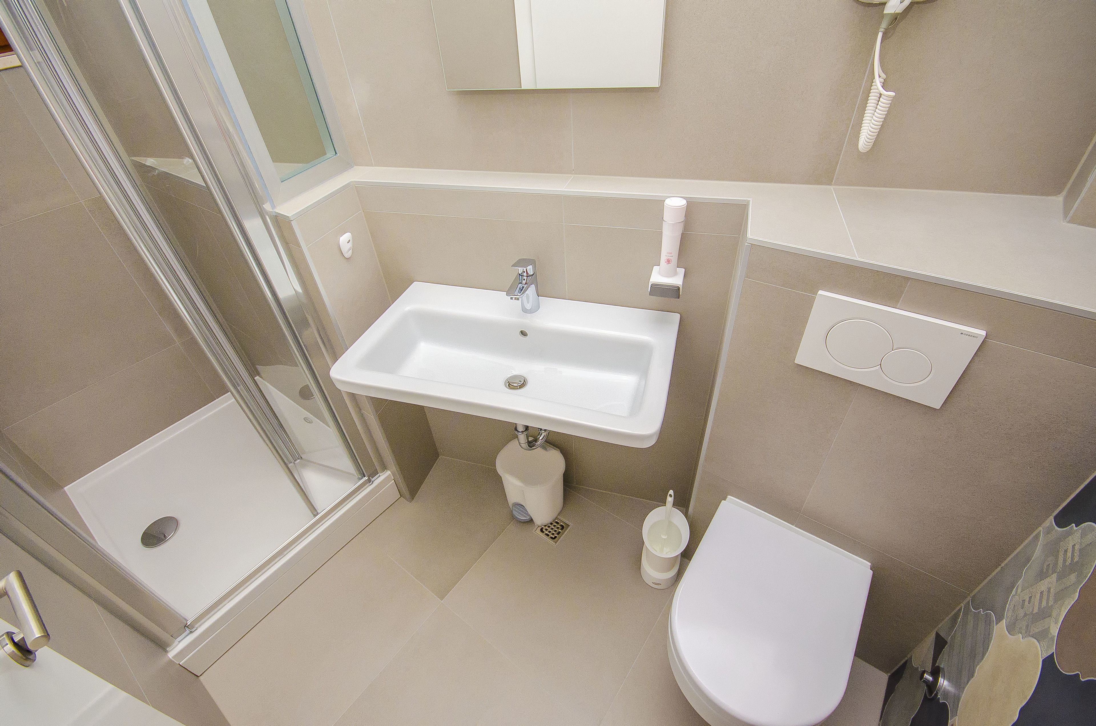 A modern bathroom with a glass shower enclosure, a white sink, and a toilet.