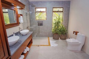 Ensemble douche/baignoire, sèche-cheveux, serviettes fournies, savon