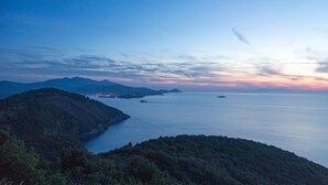 Een kustlandschap met uitzicht op de zee en verre bergen.