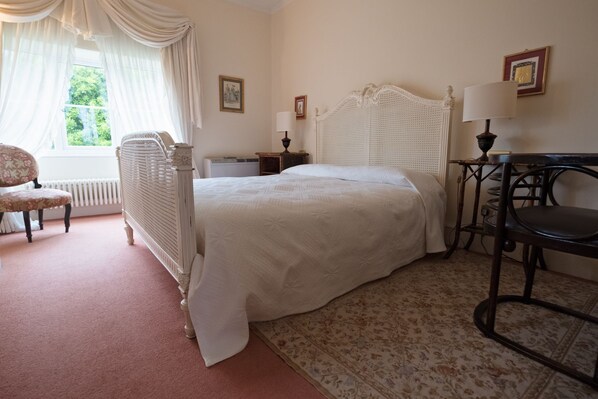 Une chambre avec un grand lit, une chaise, un bureau et un radiateur.