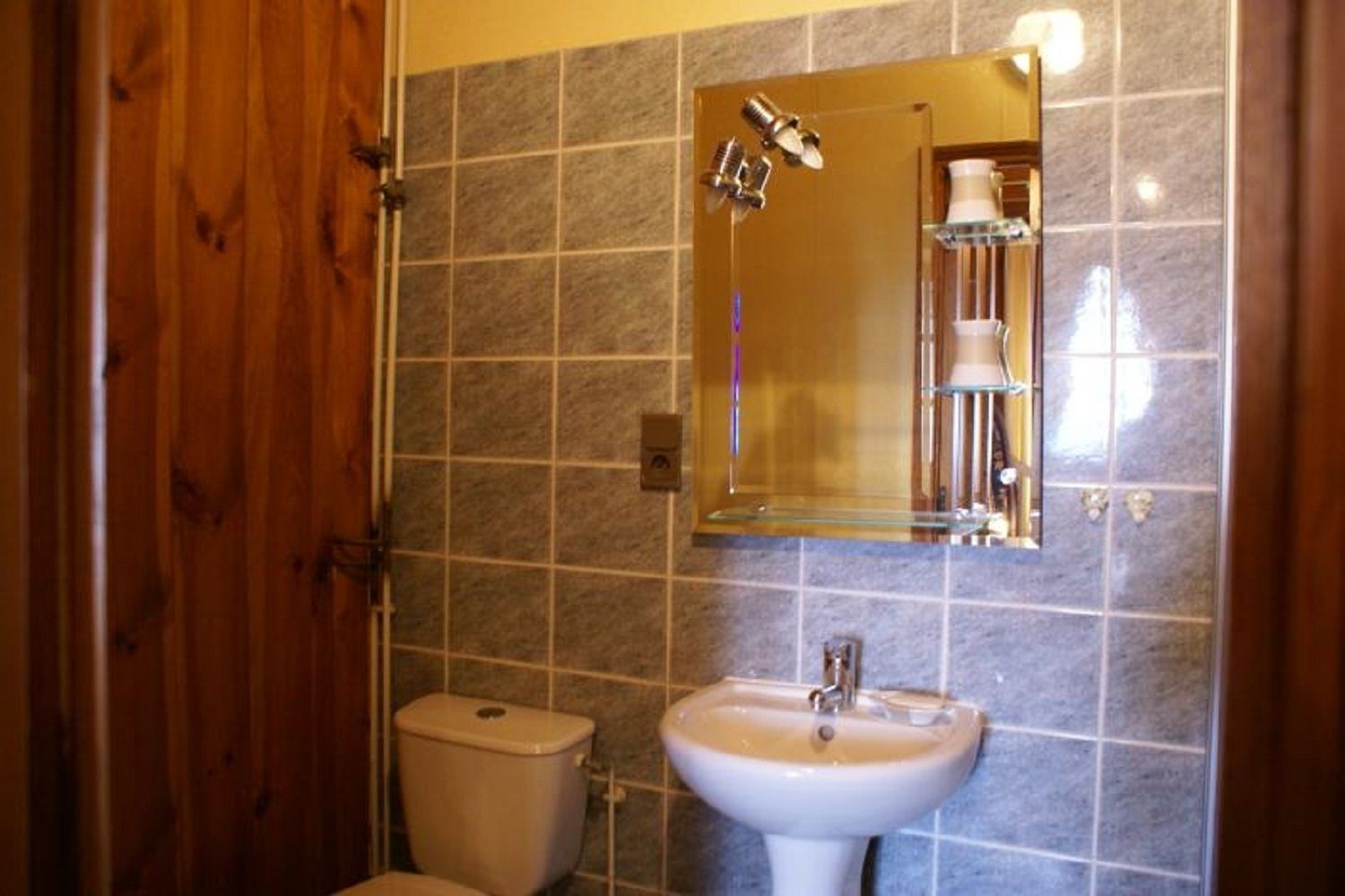 A bathroom with a toilet, a sink, and a mirror.