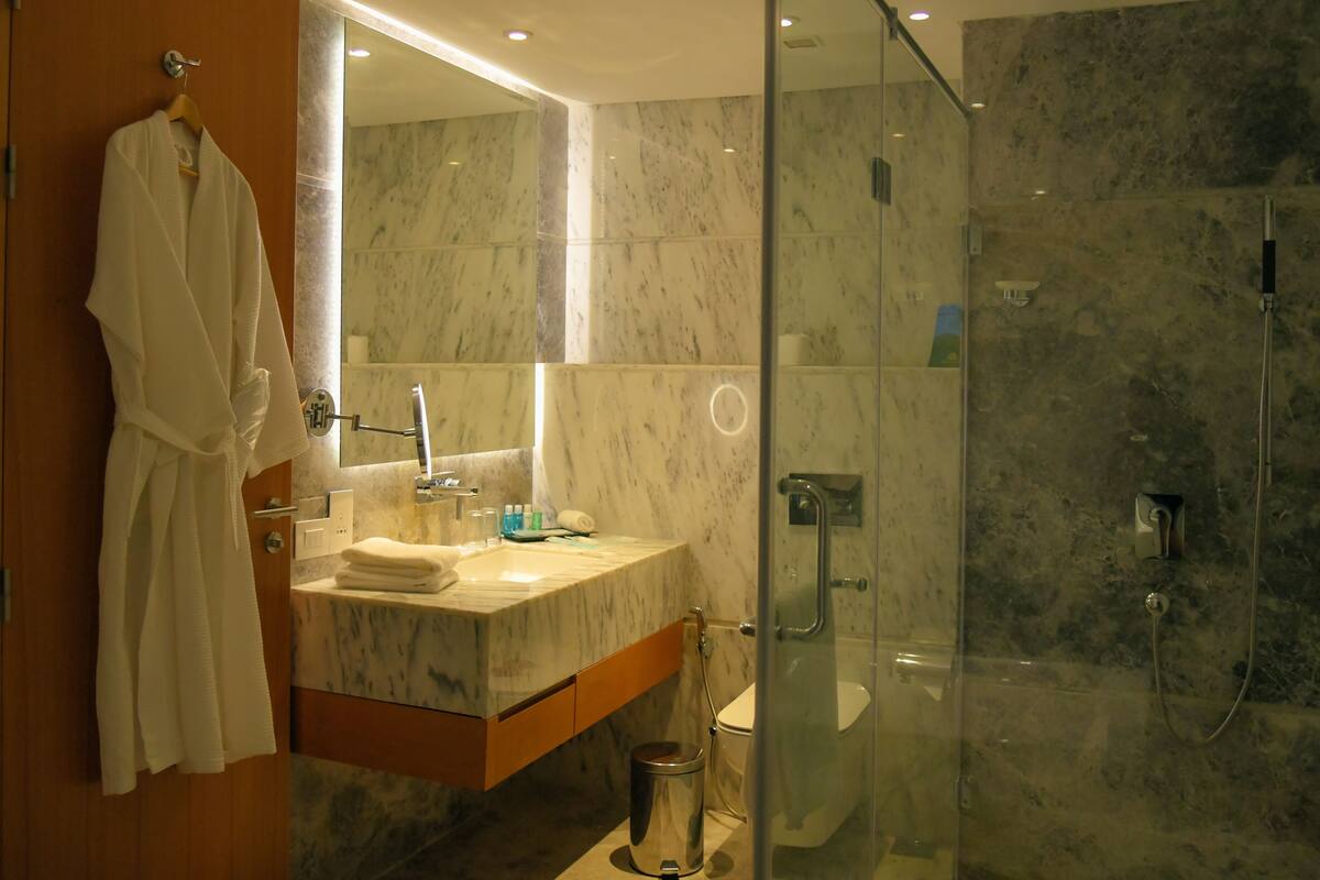 free toiletries, hair dryer, slippers, towels