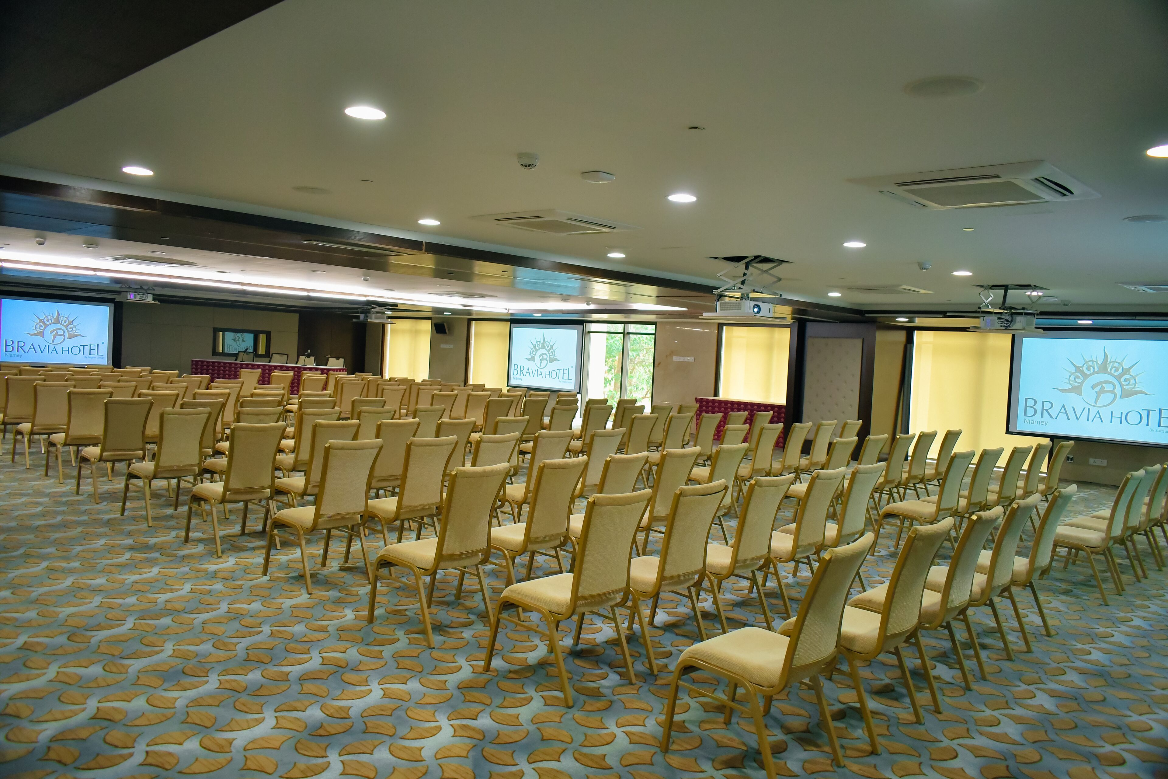 Un salón de conferencias con filas de sillas, una pantalla grande mostrando el logotipo del Hotel Bravia, y una alfombra con un diseño de hojas.
