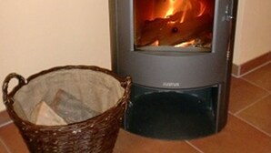 A wood-burning stove with a fire burning inside, placed next to a wicker basket filled with firewood. - Ferienhaus Thormarcon (Goehren-Lebbin)