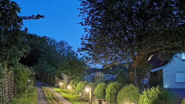 Un sentier bordé d’arbres et d’arbustes, qui mène à un bâtiment à la façade en briques.