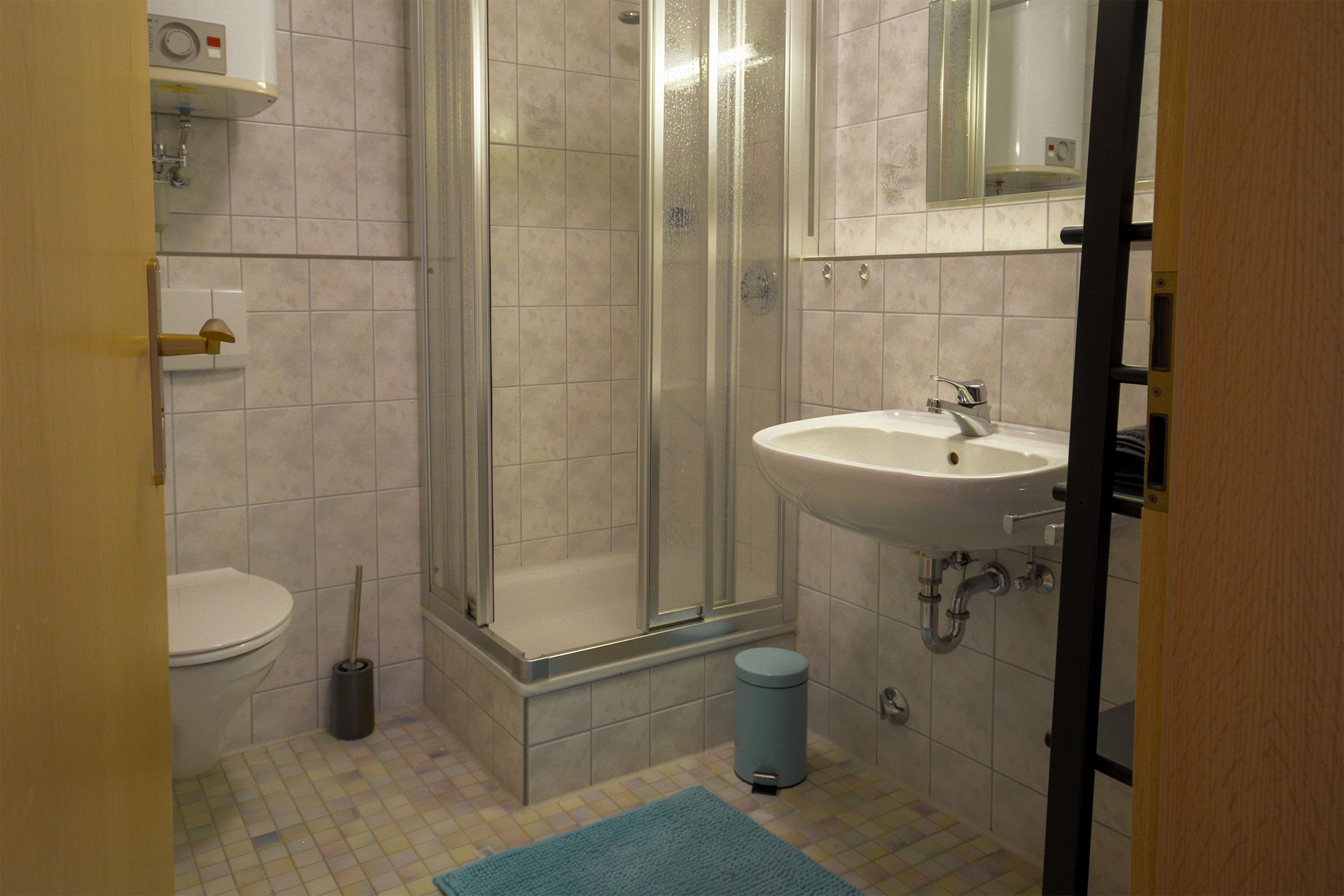 Een badkamer met toilet, wastafel, douche en een blauwe prullenbak.