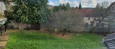 A backyard with a swimming pool, a large tree, and a house in the background.