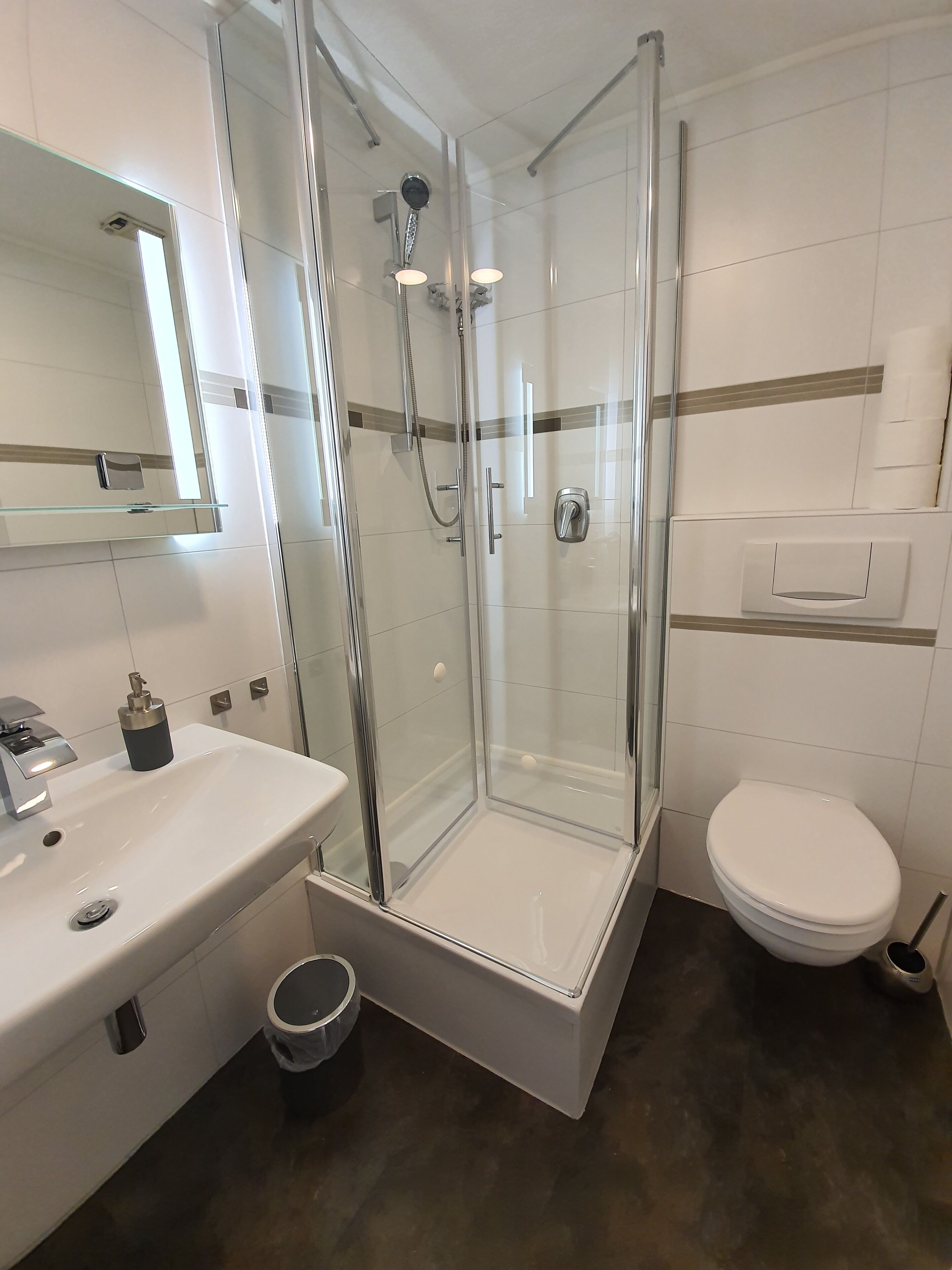 A modern bathroom with a glass-enclosed shower, a white sink, and a toilet.