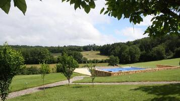 A pool area with a blue pool, surrounded by a stone deck and grass.