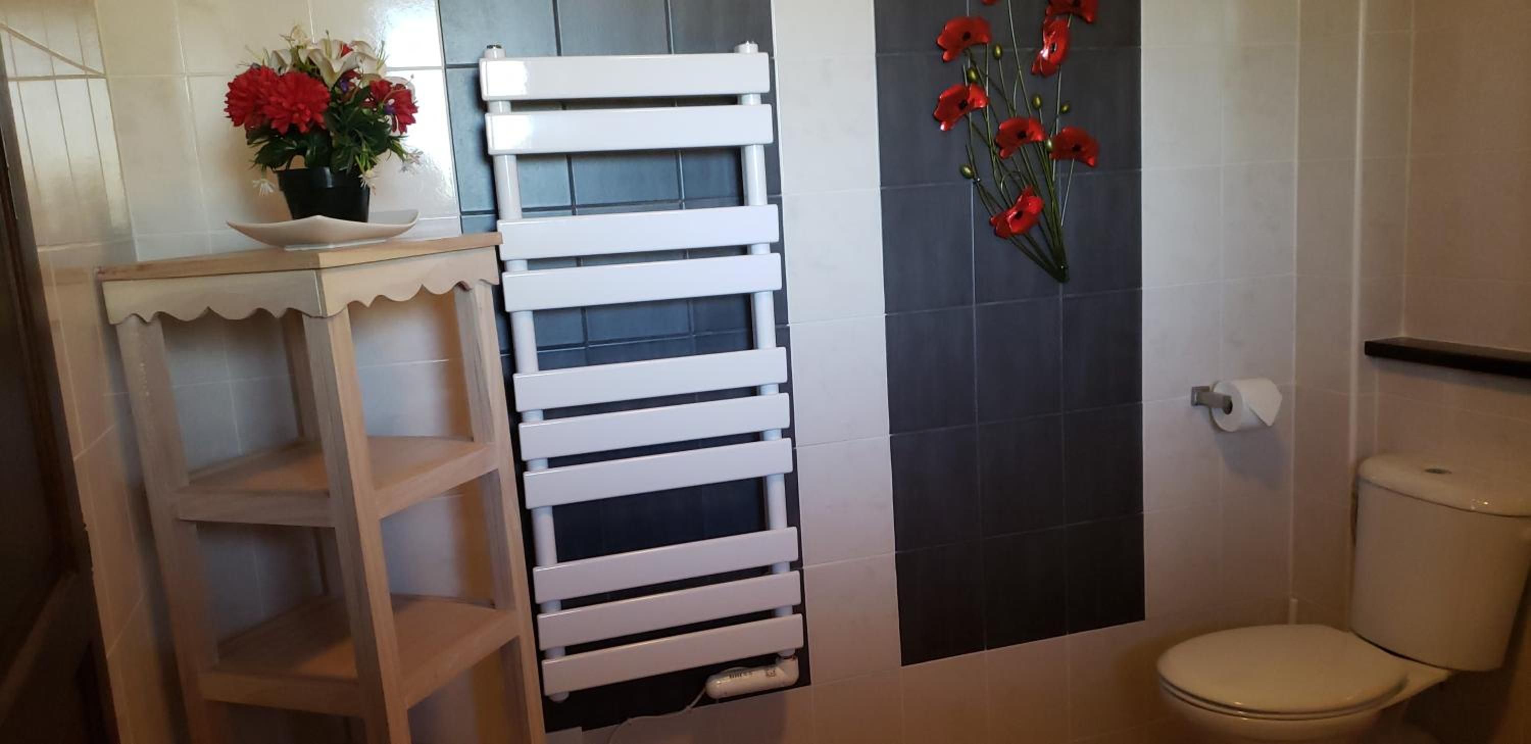 A bathroom with a white toilet, a towel rack, and a shelf unit.