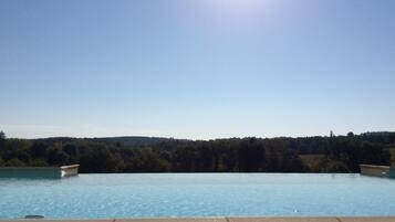 Seasonal outdoor pool, pool umbrellas, sun loungers