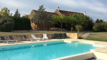 Seasonal outdoor pool, pool umbrellas, sun loungers
