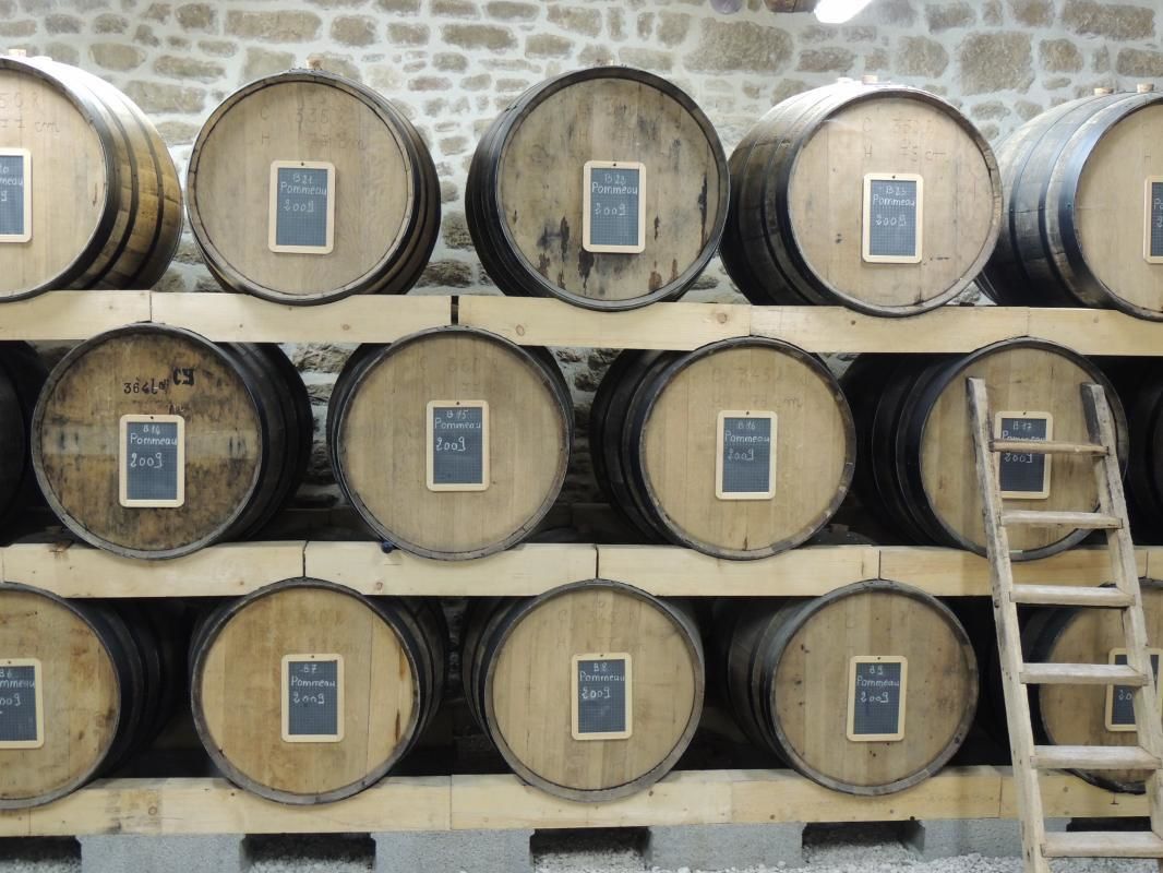 Barricas de madera apiladas en estantes con etiquetas que indican el año y tipo de vino.