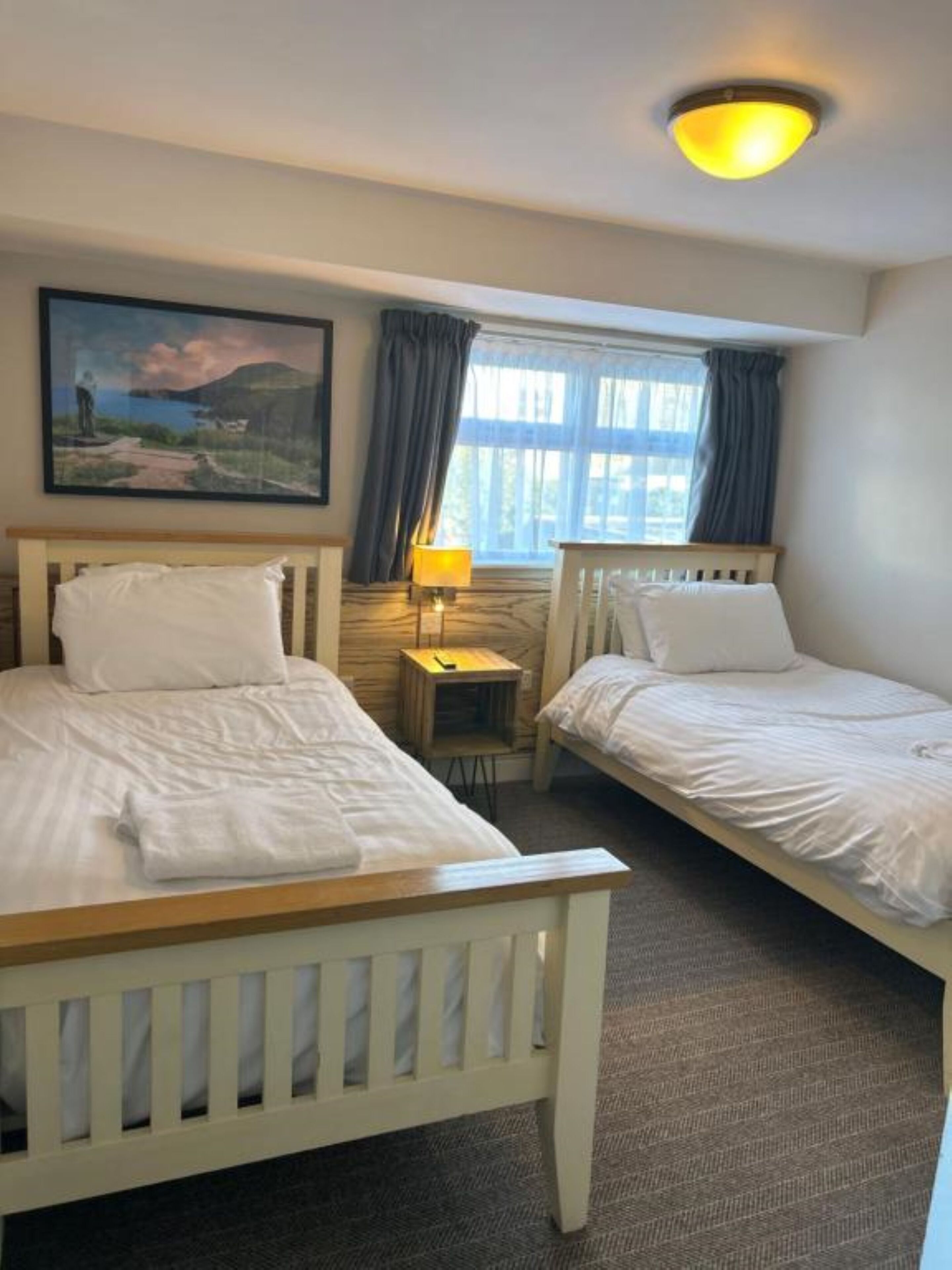 Una habitación de hotel con dos camas individuales, una mesita de noche pequeña con una lámpara, un cuadro en la pared y una ventana con cortinas.