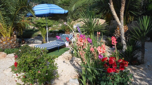 Un jardín con una tumbona, palmeras y diversas plantas en flor.