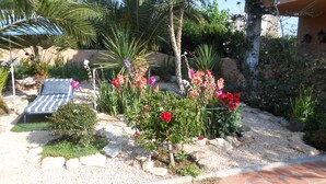Un jardín con piscina, palmeras y diversas flores.