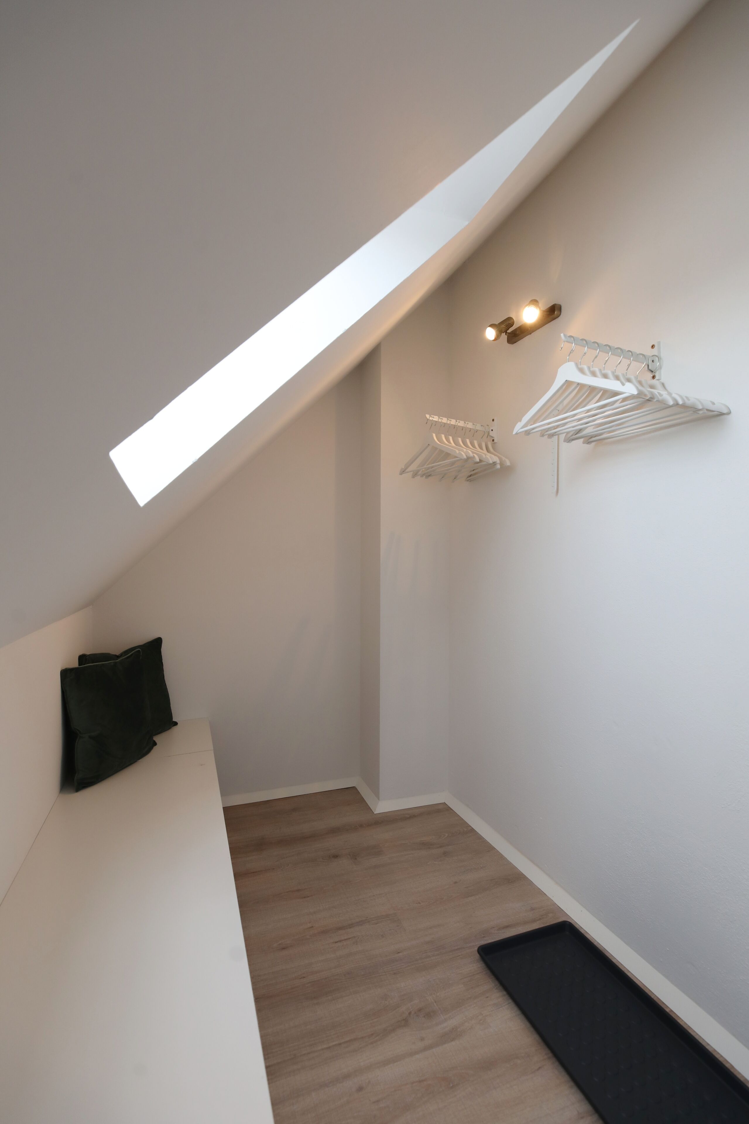 A sloped ceiling with a skylight, white walls, a wooden floor, and two white hanging clothes racks.
