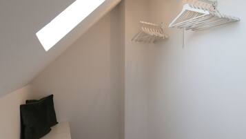 A sloped ceiling with a skylight, white walls, a wooden floor, and two white hanging clothes racks.