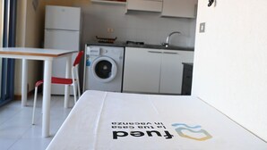 Ett litet kök med tvättmaskin, diskho och ett bord med en stol.
