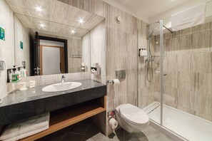 Shower, free toiletries, hair dryer, slippers