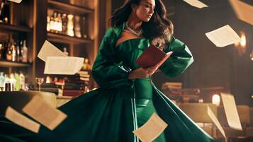 A person in a green dress holding a book with papers flying around.