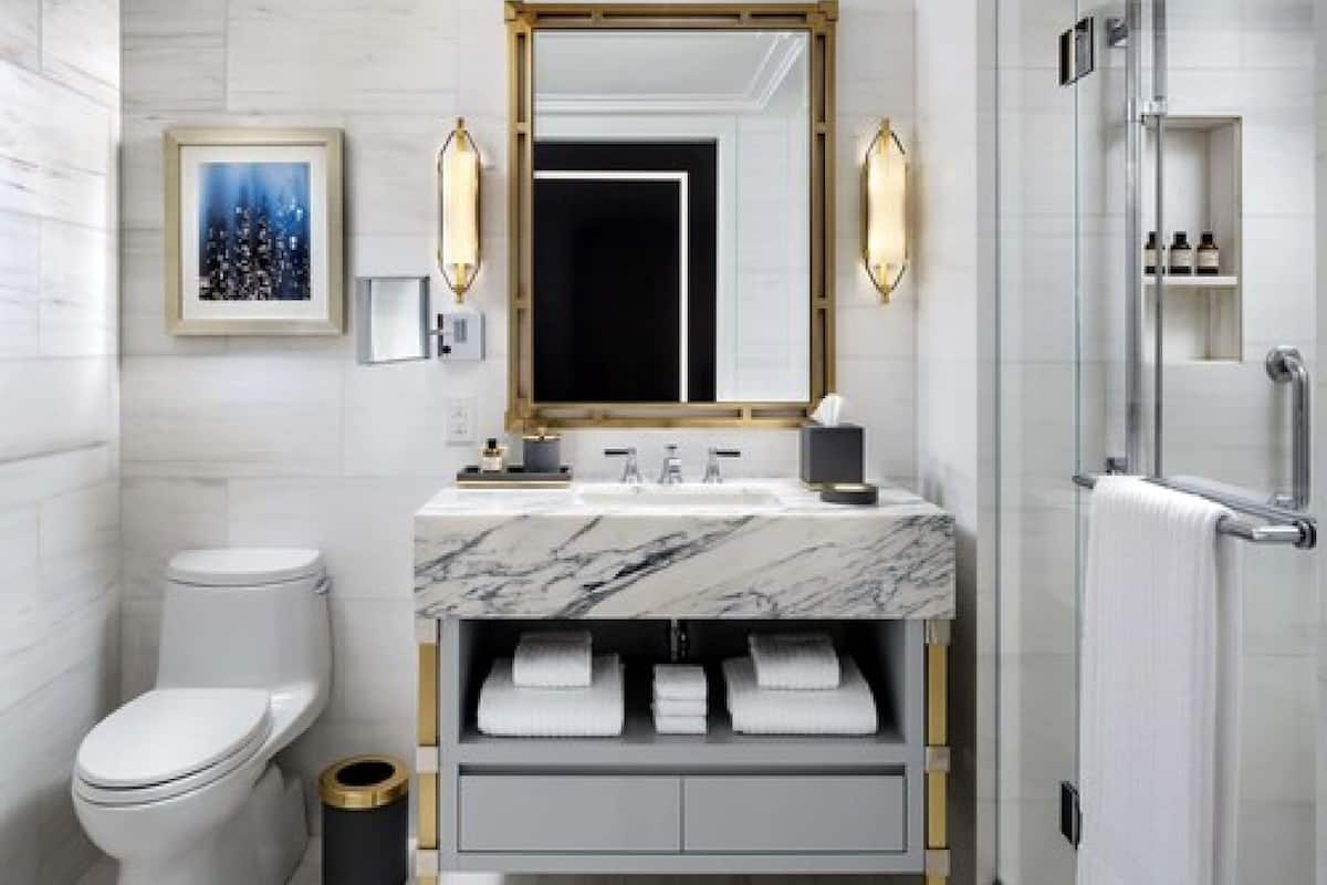 shower, designer toiletries, hair dryer, bathrobes