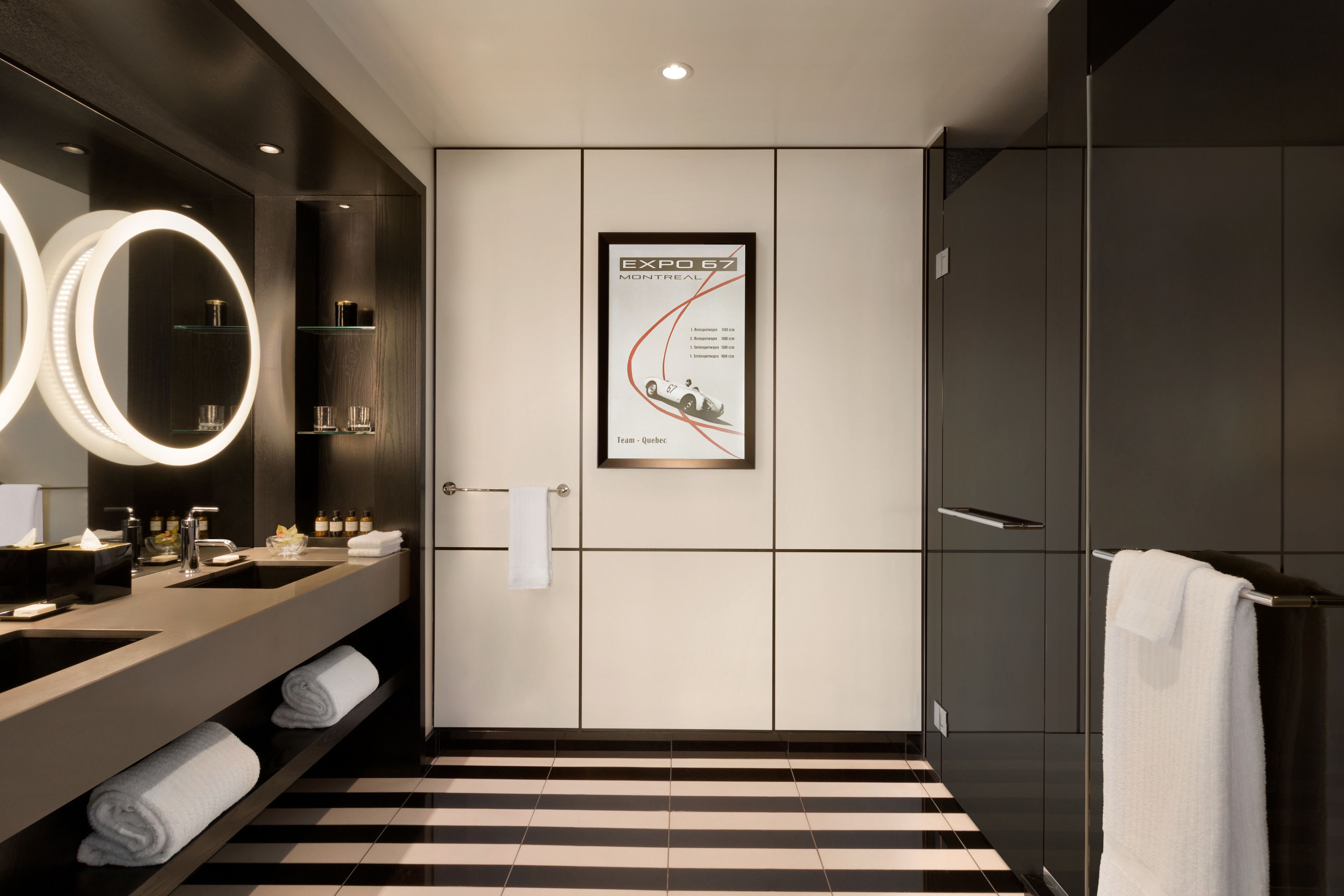 designer toiletries, hair dryer, dressing gowns, slippers