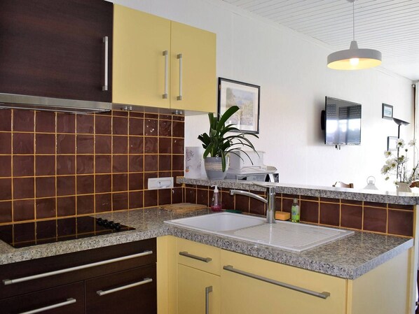 A modern kitchen with a granite countertop, a sink, and a potted plant. - Beautiful Apartment with Terrace, Private Parking and Sea View in Perros-Guirec (Perros-Guirec)