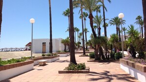 A paved walkway lined with palm trees and benches, leading to a building with a white facade. - Residencial Duquesa 2091 Manilva (Manilva)