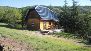 Una cabaña de madera con techo inclinado, un porche con mesa y sillas, rodeada de césped y árboles.