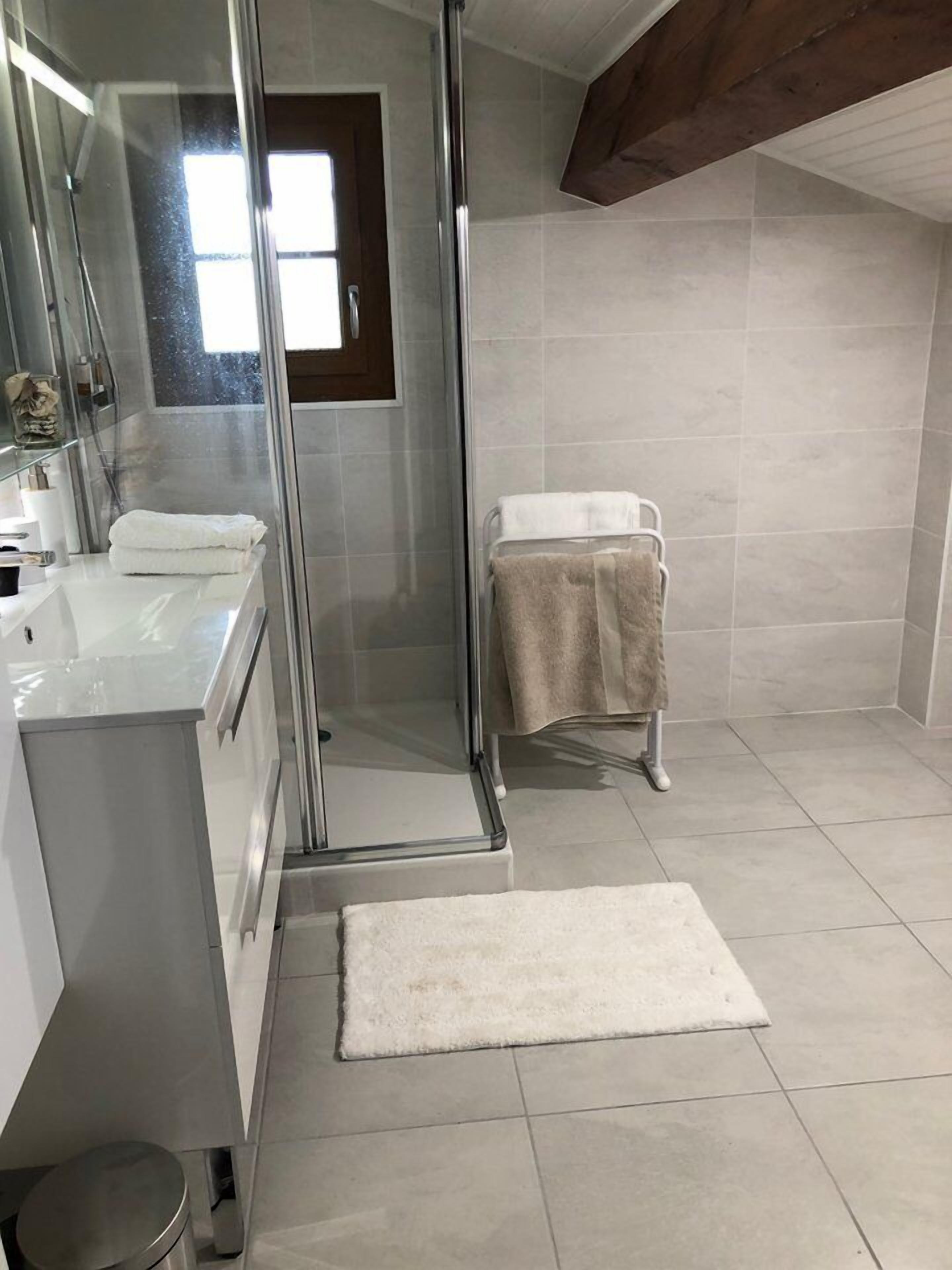 A modern bathroom with a glass shower enclosure, a white sink, and a towel rack.