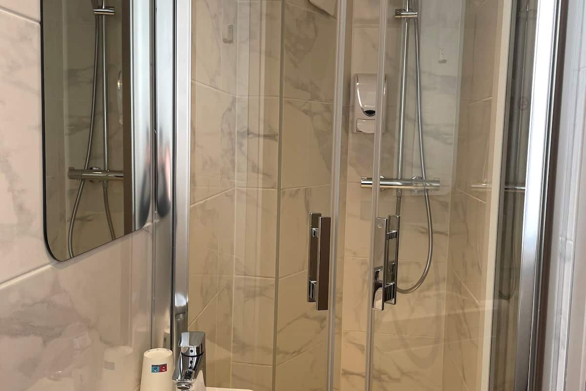 shower, eco-friendly toiletries, hair dryer, towels