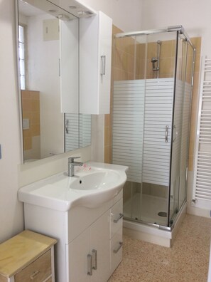 Studio | Badkamer | Een douche, een regendouche, een haardroger, een bidet
