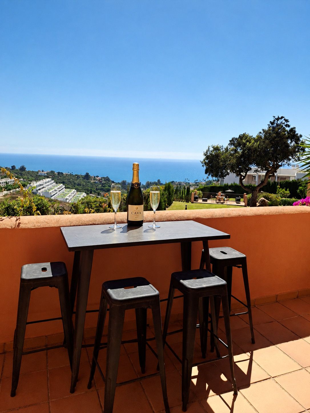 A table with a bottle of CAVA and two glasses on a terrace overlooking a coastal landscape.
