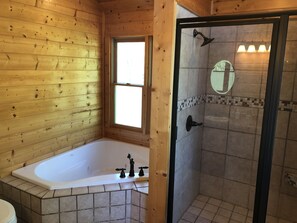 Combined shower/tub, jetted tub, hair dryer, towels